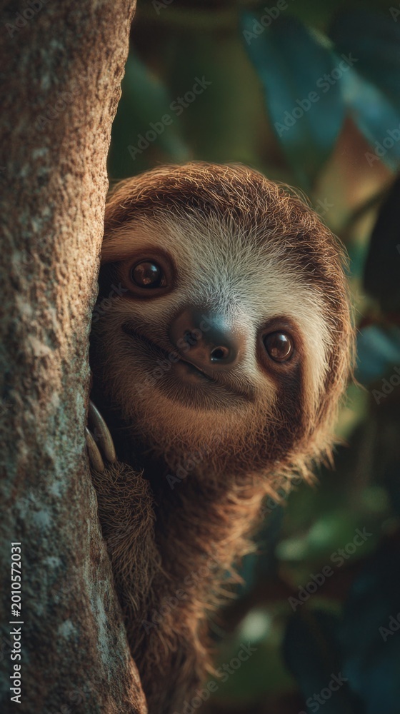 Obraz premium Baby Sloth Peeking Around Tree Corner in Lush Rainforest Setting Under Soft Natural Light