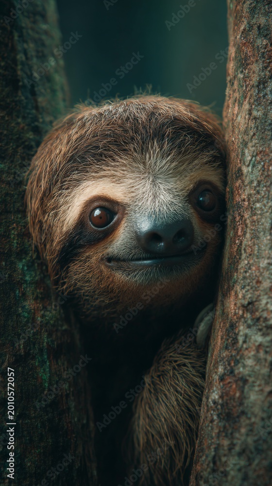 Fototapeta premium Cute Baby Sloth Peeking Around Tree Corner in Lush Rainforest Environment