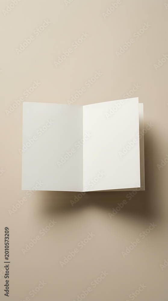 Naklejka premium Blank folded greeting card mockup floating against a warm beige background, showing clean white paper with soft shadow for branding.