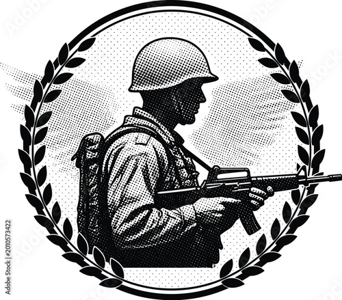 Tableau sur toile Soldier Military Emblem Engraving Style Vector Illustration Set with Armed Troop