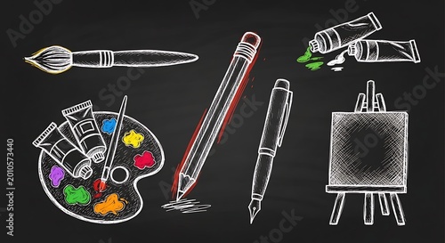 Artistic tools illustration on black background for creative projects