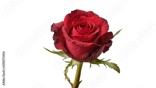 Slika na platnu Deep red rose with velvety petals and thorny stem, isolated on transparent backg