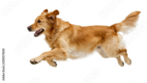 Bild auf Leinwand Golden Retriever Dog Leaping Mid-Air with Fur and Tail Fluff