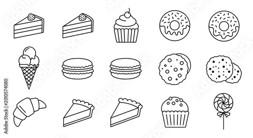 Assorted dessert icons set cake cupcake donut cookies isolated vector