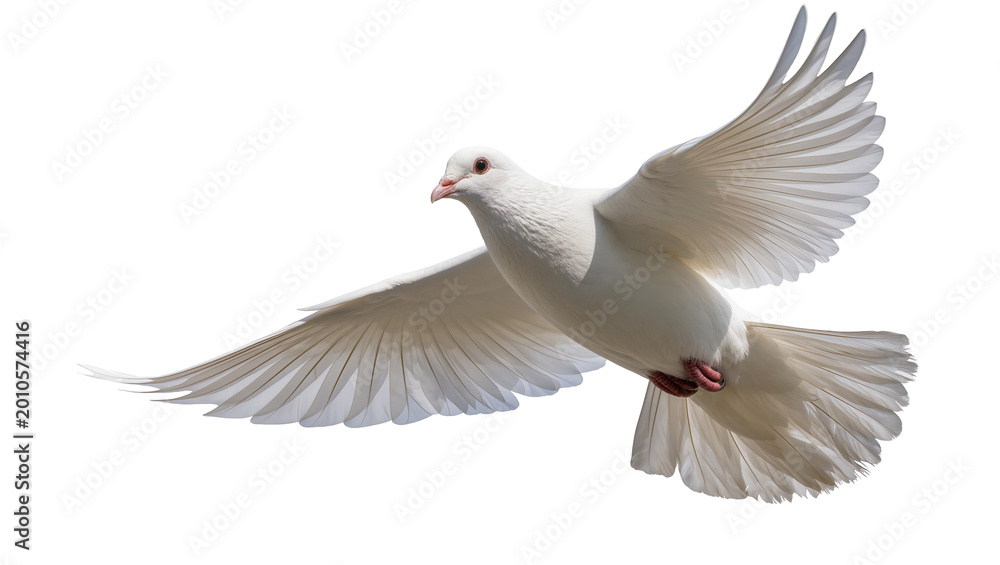Obraz premium White dove bird with spread wings flying, isolated on transparent background