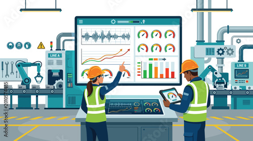 Engineers monitoring smart factory automation dashboard with digital charts and robotic arms on production line for industrial manufacturing efficiency,