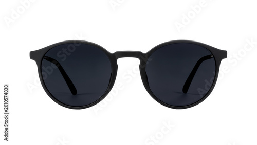Round black plastic framed sunglasses with dark lenses, isolated on transparent background