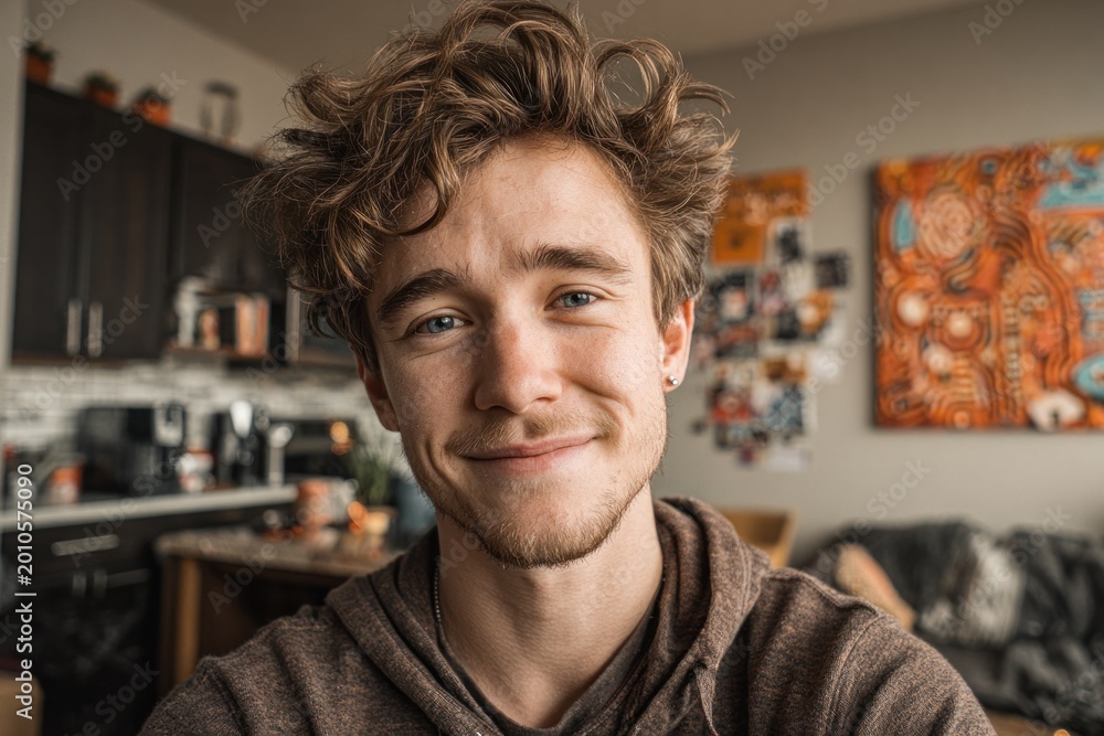 Obraz premium Smiling young man in cozy home interior