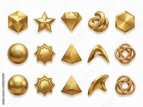 Golden geometric shapes icons set  3d metallic illustrations  shiny gold objects