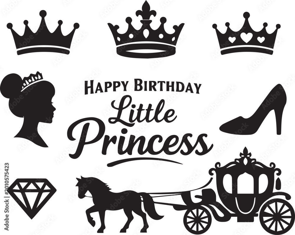 Naklejka premium Happy Birthday Little Princess Silhouette Collection with Royal Crowns, Elegant Carriage, Diamond, High Heel Shoe, and Princess Profile Vector Illustrations for Invitations and Parties
