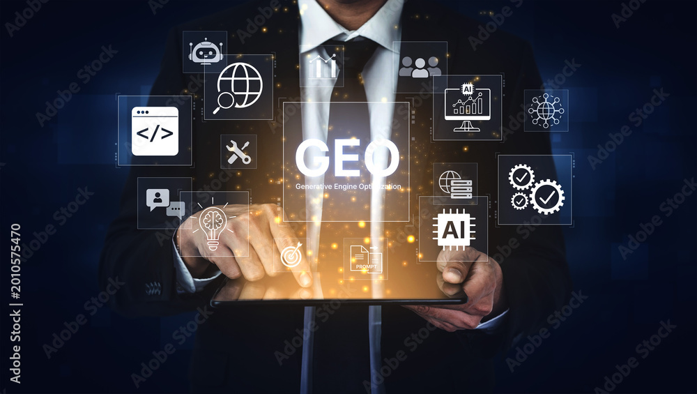Fototapeta premium Digital marketing concept featuring GEO strategy, optimizing content for AI search engines and large language models. Evolution of SEO, brand authority, and AI citation visibility. Corpus