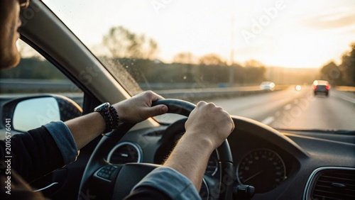 A person driving a car on a highway at sunset, with hands on the steering wheel and a clear road ahead.