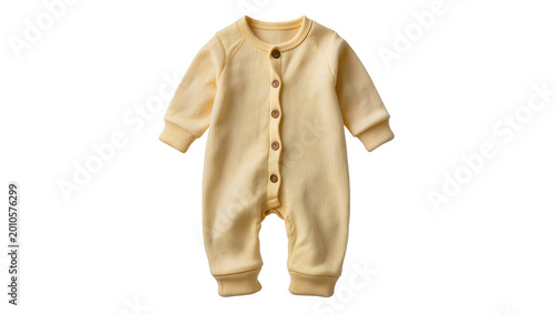 Pale yellow baby onesie with wooden buttons, isolated on transparent background