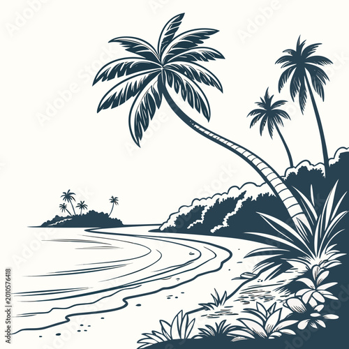 Quadro su tela Tropical island shoreline with palm trees and lush vegetation vintage style line