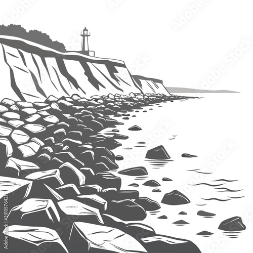 Schilderij op canvas Rocky coastal edge with lighthouse silhouette and irregular stones black and whi