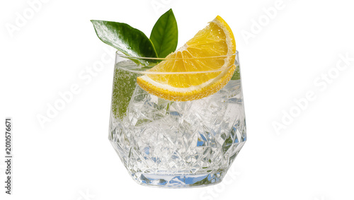 Bild auf Leinwand Clear glass tumbler with ice orange slice and green leaves, isolated on transpar