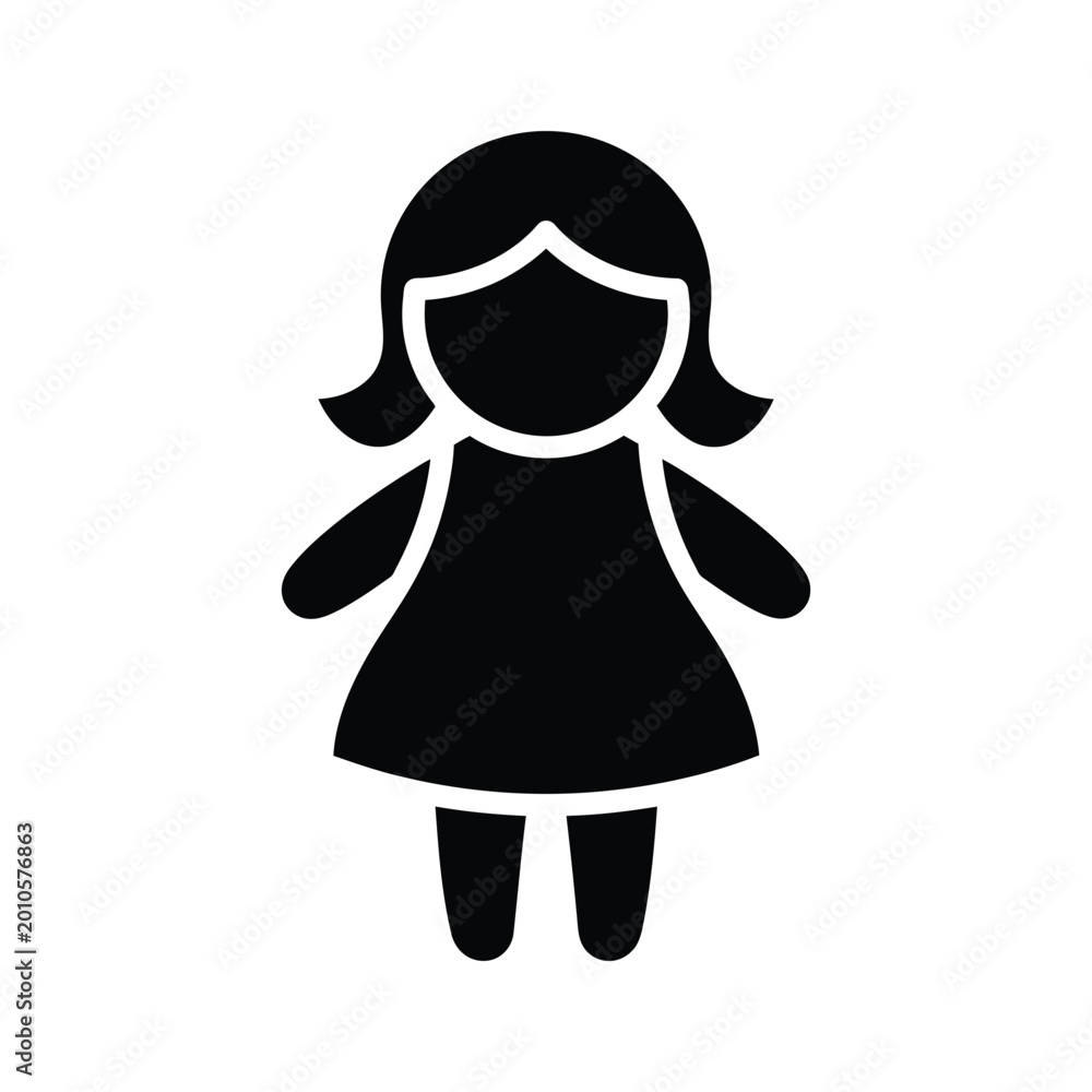 Fototapeta premium Simple black and white cartoon girl icon with dress