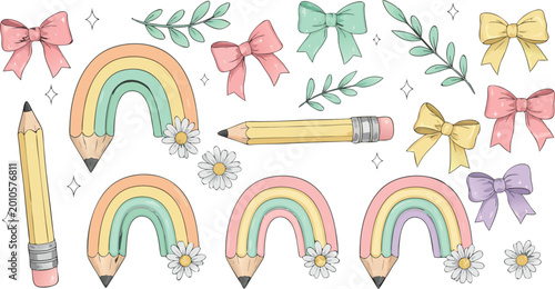 Adorable back to school clip art set with rainbow pencils colorful bows and floral elements for student stationery