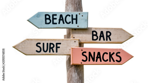 Wooden directional signs for beach surf bar and snacks, isolated on transparent background