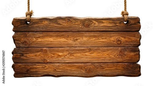 Rustic wooden planks sign hanging by rope, isolated on transparent background
