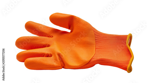 Orange textured work glove with yellow trim, isolated on transparent background