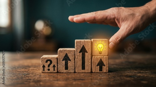 The journey of a great idea, symbolized by a hand reaching out to the final step of success. Blocks feature arrows and a lightbulb