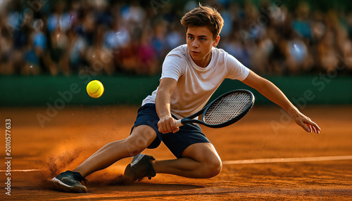 Young male athlete lunging to hit a backhand shot on a clay court for professional sports competition concept and athletic excellence during golden hour