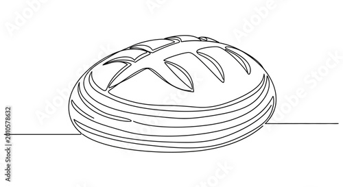 Continuous line drawing of a rustic bread loaf with scoring marks, on a white background.