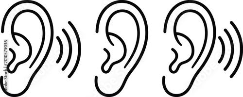 Three black and white line art illustrations of human ears with sound waves emanating outward