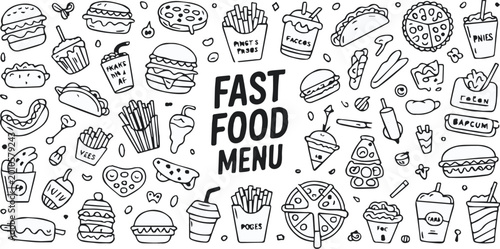 Canvastavla fastfood pattern seamless backdrop hand drawn burger fries pizza tacos