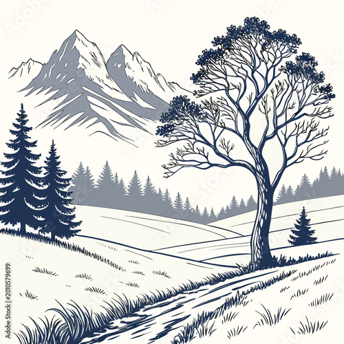 Obraz na płótnie Winter landscape with snow covered plains rocky mountains and coniferous trees c
