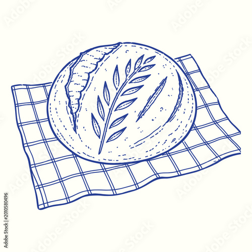 Cuadro en lienzo Sourdough Bread Loaf with Wheat Ear Score on Checkered Napkin Line Art
