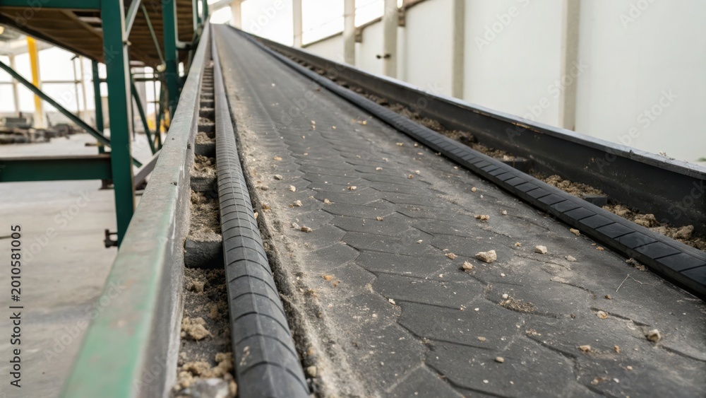 Fototapeta premium Conveyor belt system transporting granular material in an industrial or manufacturing facility.