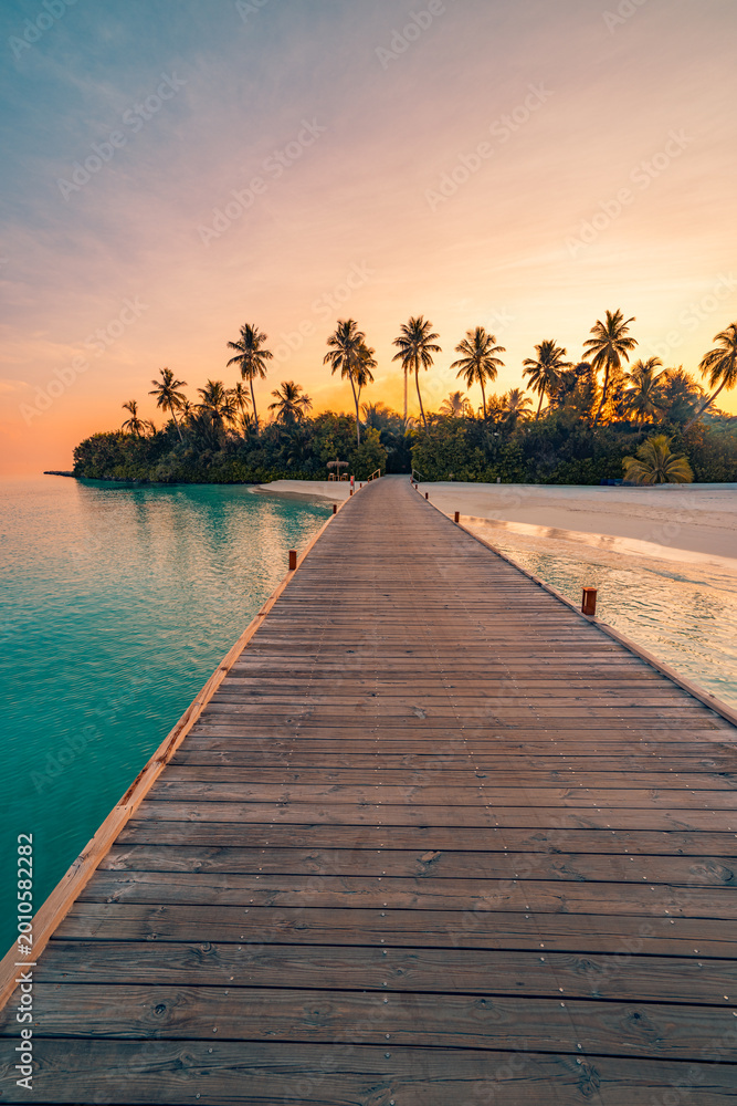 Fototapeta premium Perfect sunset Maldives pier island shore silhouette palm trees ocean bay majestic sky sun rays tropical beach paradise vacation luxury travel resort evening dusk landscape scenic horizon