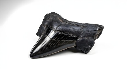 Fossilized Megalodon Shark Tooth on White Background.