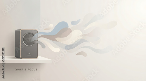 Modern smart speaker sitting on a shelf emitting colorful abstract smoke shapes that represent sound waves and music vibrations creating a peaceful and focused atmosphere for work or relaxation use.
