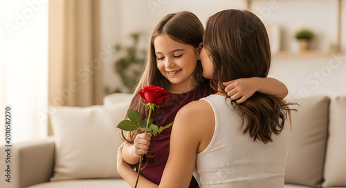 Mother and daughter sharing a tender moment with a rose on Valentine's Day