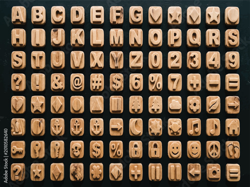 Fényképezés Wooden alphabet and symbol stamps on dark surface  various characters and icons