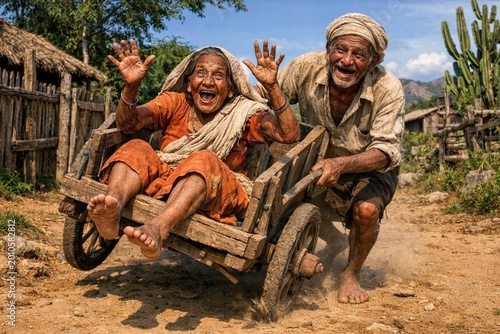 Old couple in village having fun time in cart ai generated 