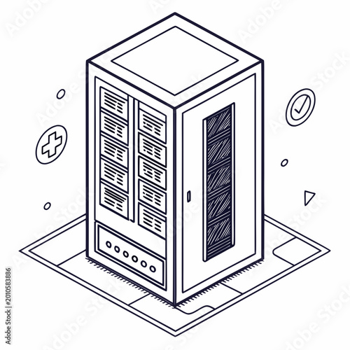 Isometric server rack illustration with line art style and transparent background for data technology concepts high quality