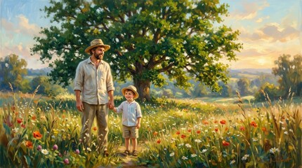 Heartwarming fathers day scene father and child in a meadow