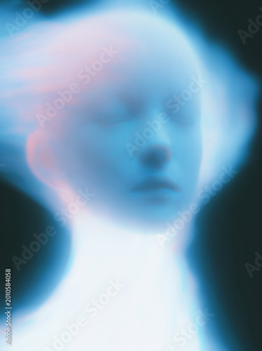 Woman with blue cyan bright aura around her head