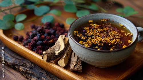 Herbal tea in a ceramic mug with dried berries and root pieces on a wooden tray, featuring natural ingredients for a healthy and warm beverage.