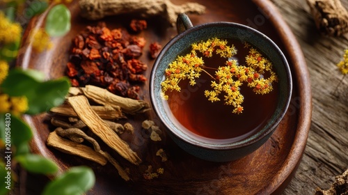A ceramic cup of warm herbal tea with small yellow and orange flowers floating on the surface, arranged with various dried roots and berries on a rustic wooden tray, for natural health.