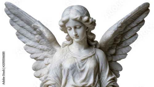 Obraz na plátne Serene marble angel statue with detailed feathered wings, isolated on transparen