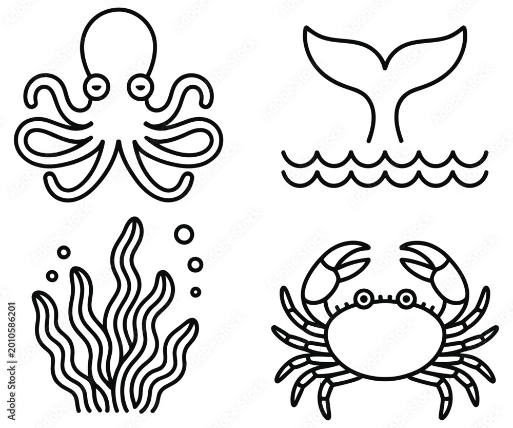 Obraz premium High quality vector of marine life line icons set with octopus, whale tail, seaweed and crab .