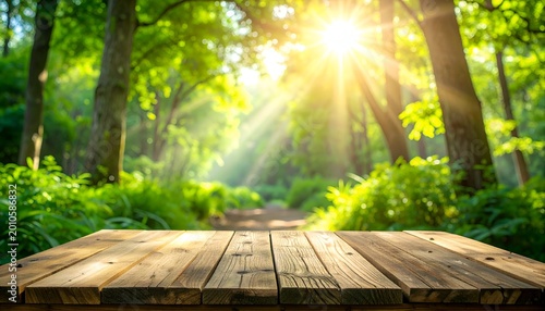 Sunny wood table overlooks forest path under canopy, bright light shines thru