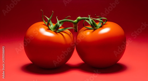 Two ripe red tomatoes on a vine against a red background