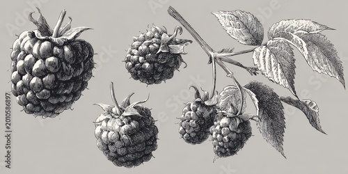 Vintage engraving style illustration of raspberries and a raspberry branch with leaves on a light gray background, showcasing botanical detail and classic artistry.