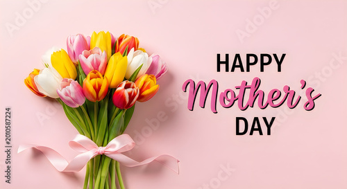 Happy Mother's Day colorful tulip bouquet on pink background